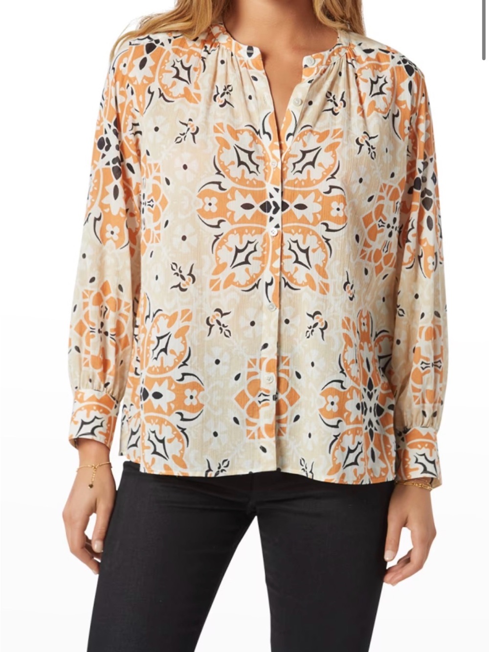 Relaxed Floral Print Button-Front Women’s Top in Cream and Orange